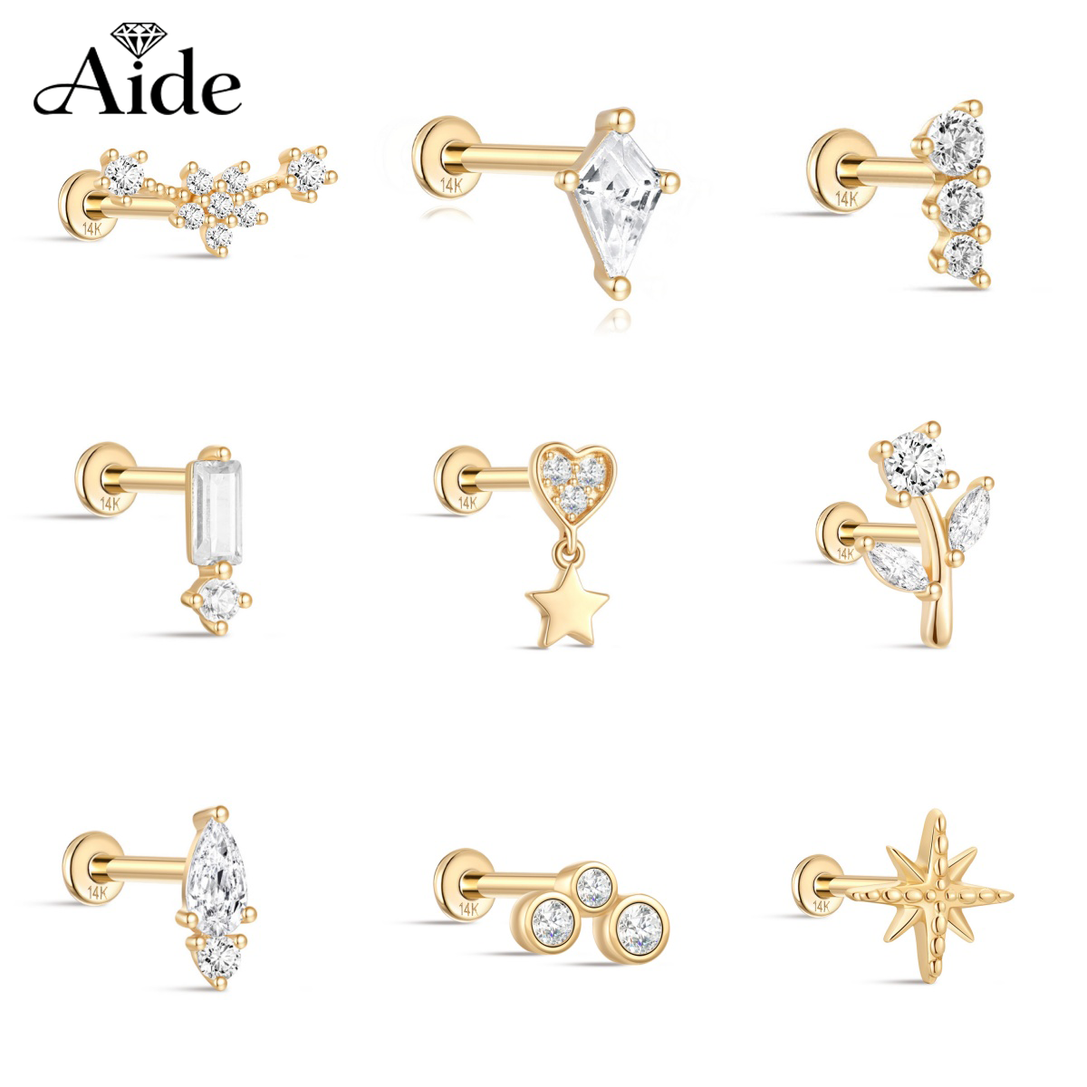 Star Flat Back - Brincos de Ouro Sólido 14K AIDE